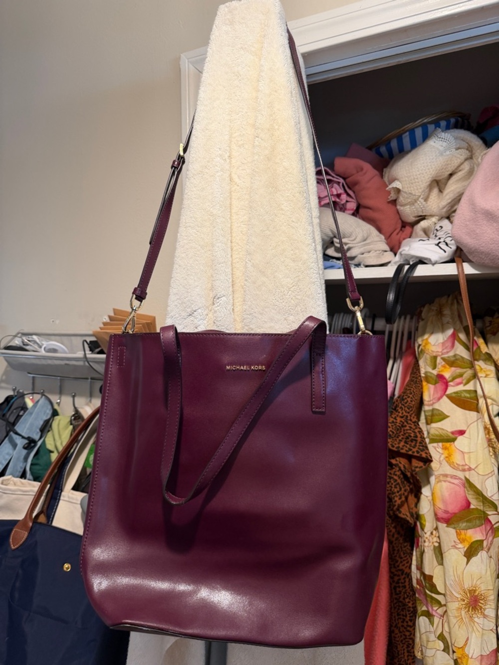 Michael Kors Plum Leather Tote with Gold Logo